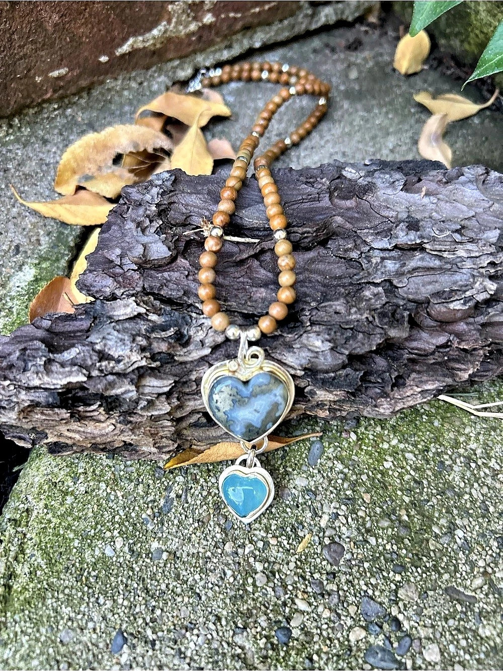 Handmade Sterling Silver Plume Agate & Blue Chalcedony Heart Necklace